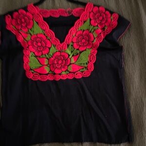 Black Top with Red Floral Embroidery